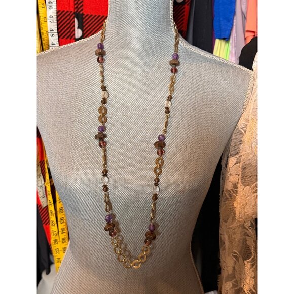 Vintage-Inspired Long Gold Chain Necklace With Purple & Burgundy Beads Textured - Picture 6 of 8